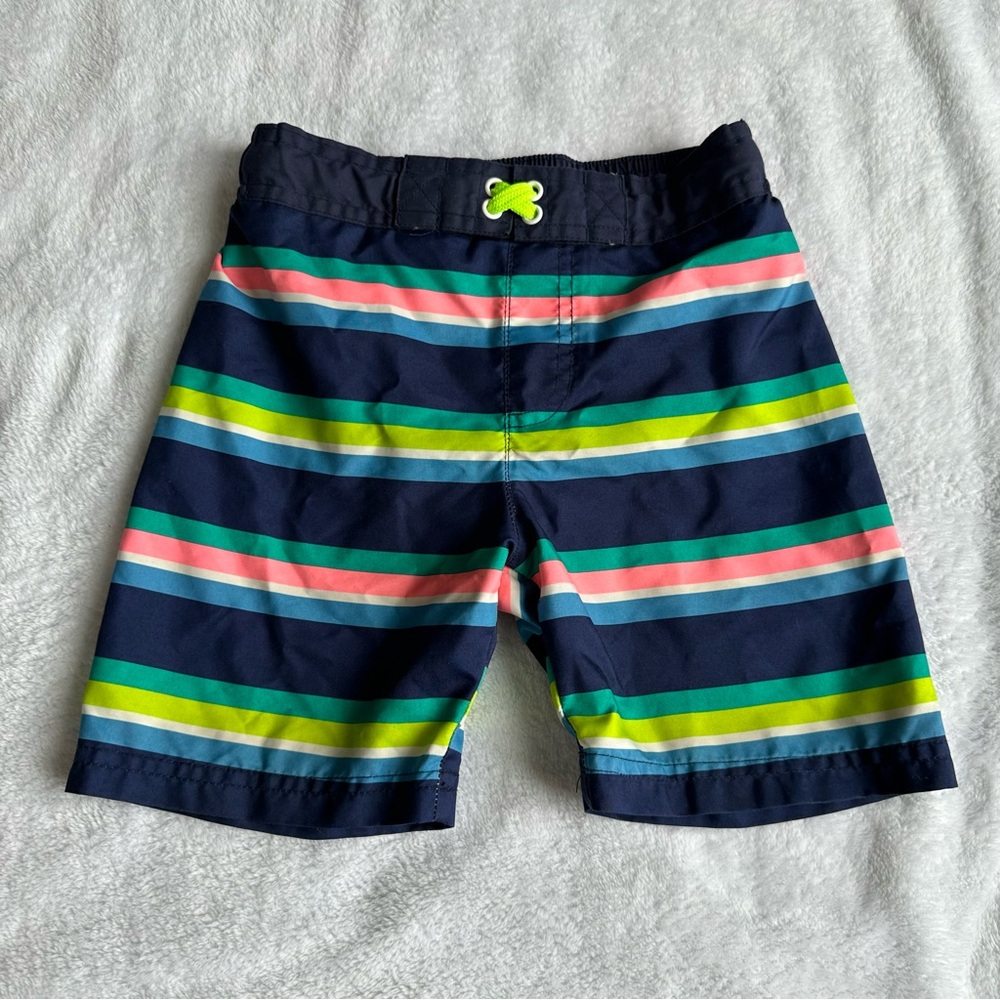 Striped Swim Shorts with Multicolor Design